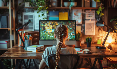 Young student engrossed in digital learning through interactive map software in a cozy home environment