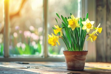 Spring cleaning idea Daffodils in pot on table by window