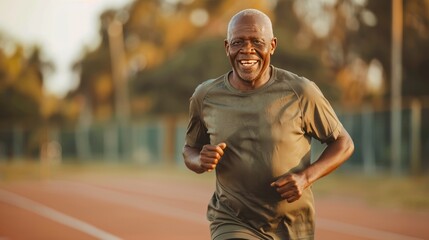 Smiling elderly black man jogging in green park outside in the morning, promoting an active lifestyle and engagement in sports for senior people, AI generated image