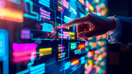 Agile software development scrum methodology boards. workflow, Finger touching virtual interface.AI generative