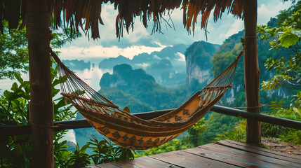 Peaceful hammock view overlooking lush tropical mountains