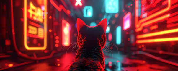 A cyberpunk cat stares at a city of neon lights.