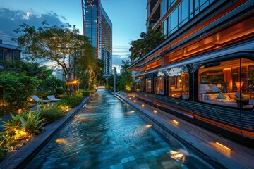 An editorial image showcasing a stylish hotel with a sky train in the background and an elegant swimming pool, highlighting modern design elements