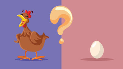 Egg of Hen Question Concept Illustration Funny Cartoon. False dichotomy of who came first vector concept design
