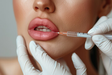 A woman is receiving a Botox injection on her lips with hyaluronic acid filler.