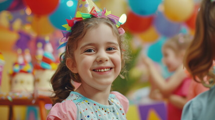 Delightful young girl enjoying her magical birthday party surrounded by colorful balloons