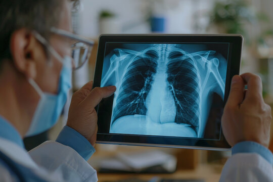 a doctor hands holding digital tablet with chest x-ray film in hospital.