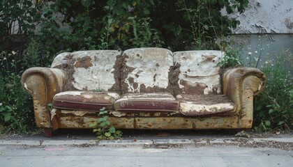 Throw away an old grungy ripped couch left outside for disposal in the street or sidewalk