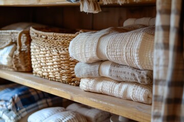 Tidy linen closet with eco friendly straw baskets and drawer dividers for organized storage of towels sheets and bedding