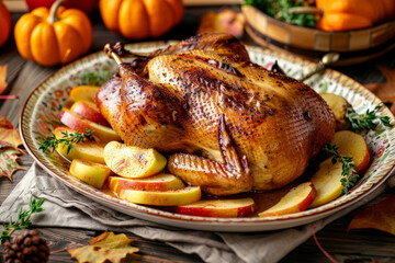 Festive Thanksgiving Table with Roasted Duck and Apples