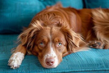 Toller rests on the blue couch