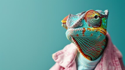 Obraz premium Funny eccentric chameleon dressed as a human, anthropomorphic funny lizard wearing pink jacket and hipster sunglasses, solid background with copy space, AI generated image