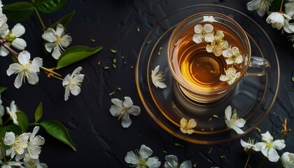 Top down view of a dark background with a glass tea cup and jasmine flowers