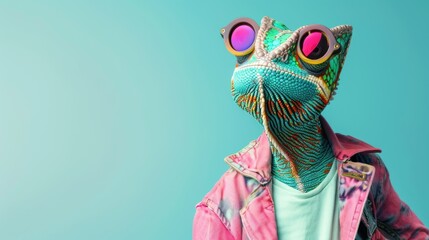 Naklejka premium Funny eccentric chameleon dressed as a human, anthropomorphic funny lizard wearing pink jacket and hipster sunglasses, solid background with copy space, AI generated image