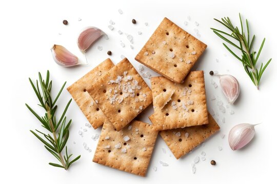 Top down image of crackers with garlic rosemary sea salt on white background