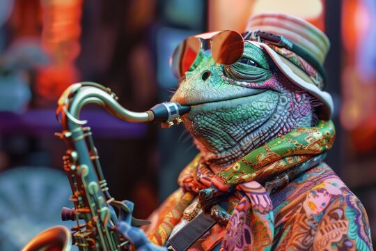 Trippy illustration with hippie jazzman or musician tropical chameleon plying saxophone, anthropomorphic eccentric lizard wearing bold colors suit, AI generated image