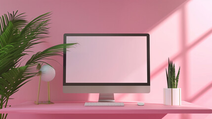 empty blank pink laptop screen mockup for business professional female entrepreneur or job or for girl student education degree concepts with office desk background as wide banner design