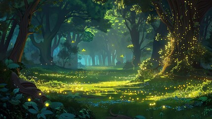 Radiant glow from fireflies in enchanted forest