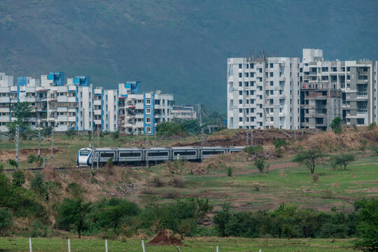 The Solapur Mumbai Vande Bharat Express Train heading towards Mumbai, near Pune India.