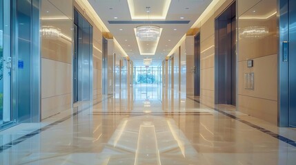 Naklejka premium Luxury office corridor with soft daytime light, detailed and pristine, no one there