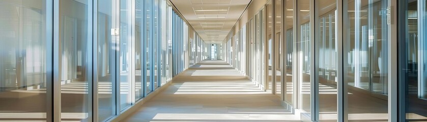 Luxury office corridor with soft morning light, detailed and pristine, no one there