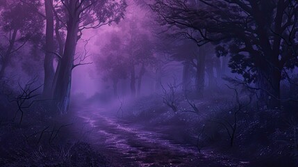 Moody forest at twilight with eerie glow