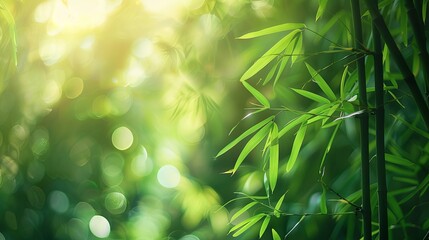 Naklejka premium Bamboo forest and green meadow grass with natural light in blur style. Bamboos green leaves and bamboo tree with bokeh in nature forest. Nature pattern view of leaf on blurred greenery background
