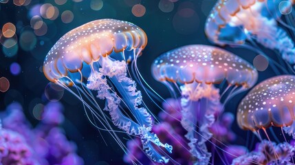 Luminescent jellyfish glowing underwater