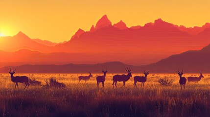 African landscape at sunset with silhouettes of mountains, Antelopes Oryx in savanna. Herd of an Oryxes in grassland in Sesriem valley, Namibia. Wildlife and safari in South Africa, panoramic view