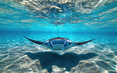 A closeup shot of the entire body and head of an ancient manta ray swimming in clear blue water, capturing its graceful movements underwater.