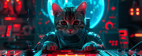 A cute cat wearing a spacesuit is sitting at the control 