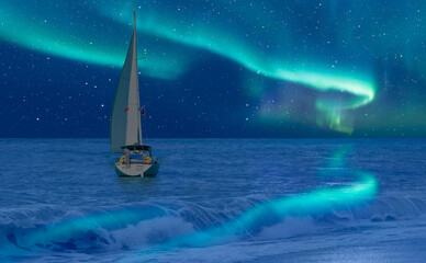 Sailing luxury yacht along the route over dark sea - Northern lights aurora borealis 