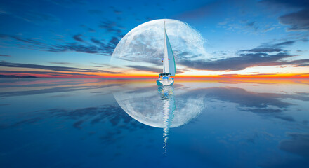 Lone yacht sailing white on the calm sea with Super Full Moon 