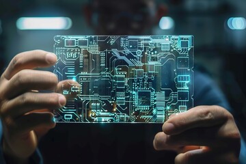 Engineer holding a futuristic transparent circuit board concept