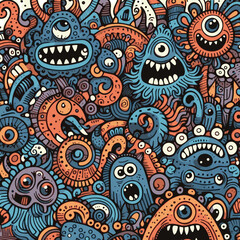 Monster doodle seamless pattern