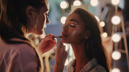 make-up artist doing evening makeup to a beautiful young woman in beauty studio, stylist, girl, salon, eye shadow, brush, cosmetics, lipstick, mascara, blush, contouring, model, fashion, professional