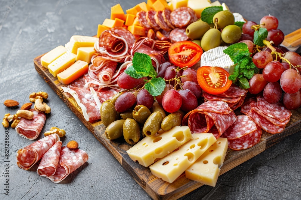 Sticker top view of a charcuterie board with an assortment of cheeses meats fruits and nuts copy space avail