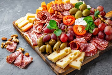 Top view of a charcuterie board with an assortment of cheeses meats fruits and nuts Copy space available