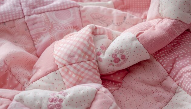 Top view of baby girl s cozy cot with a pink patchwork blanket creating a warm and comfortable sleeping space in a children s nursery