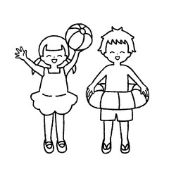 ビーチボールを持つ女の子と浮き輪を持つ男の子のイラスト　モノクロ