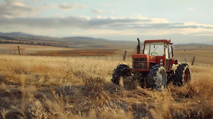 Defocused Rural Idyl: A Tractor in the Field Awaiting the Harvest Season