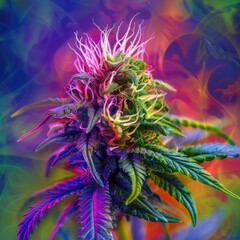 Colored Lines. Closeup of Nature: Marijuana Bud with Green, Purple, and Pink Spatial Background