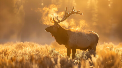 Large elk stands in a field of tall grass. The sun is shining brightly, casting a warm glow over the scene. The elk appears to be in a peaceful and serene environment, enjoying the beauty of nature