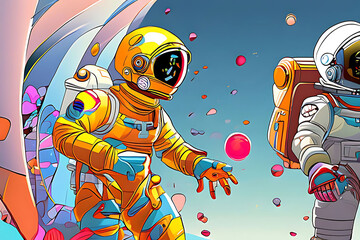 Cartoon-style astronauts in futuristic suits surrounded by psychedelic art on a future planet. Award-winning octanes render at 8k resolution, capturing chiaroscuro effects and intricate details