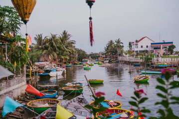 Tourists riding bamboo basket boats in Hoi An, vietnam (Cam Thanh water coconut village )
