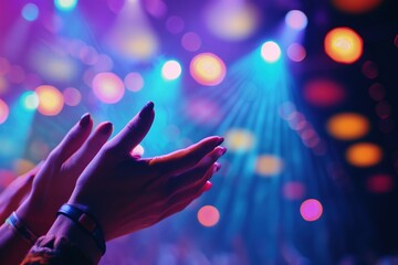 Enthusiastic applause captured in a close-up showing hands clapping with colorful stage lights in...
