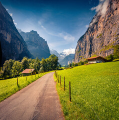 Gorgeous summer view of Lauterbrunnen village. Majestic outdoor scene in Swiss Alps, Bernese...