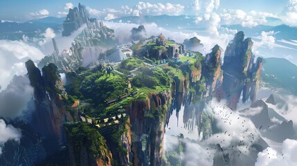 Fototapeta premium epic view, aerial, sky falling down, digital fantasy landscapes