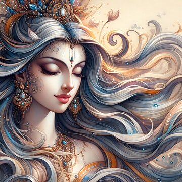 Watercolor Painting of Goddess Parvati's Flowing Hair
