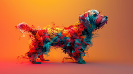 Obraz premium A colorful painted dog with its tail up on orange background. Artwork style.